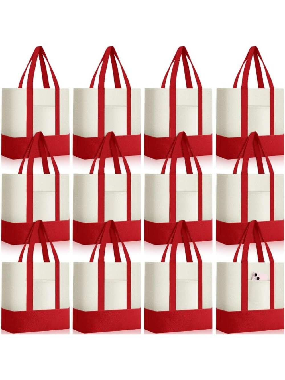 12 Mini Canvas Tote Bags Bulk with Pocket - Red, Perfect for Shopping & Gifts